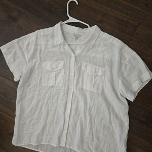 Lucky Brand Womens White Linen Button-Up Short Sleeve Shirt Size XL